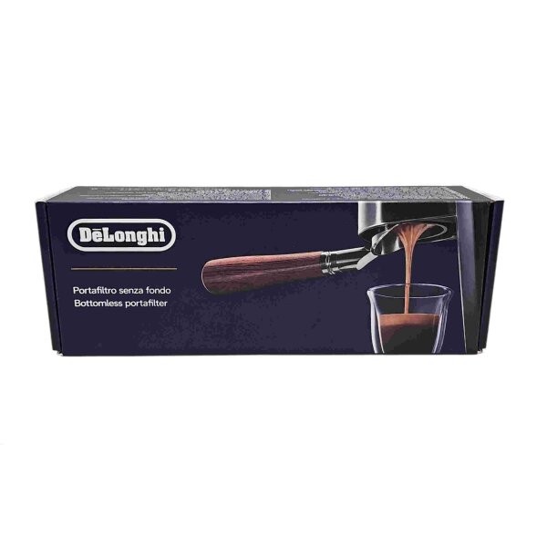 Delonghi bodenloser Siebträger mit Holzgriff DLSC085 Edelstahl für alle la specialista geignet - für Espresso Siebträgerautomat